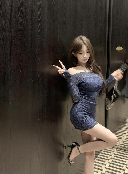 Lace hollow one-shoulder long-sleeved slim-fit hip skirt ED0431