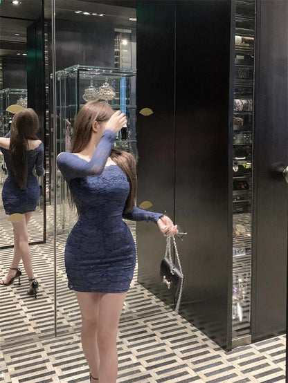 Lace hollow one-shoulder long-sleeved slim-fit hip skirt ED0431