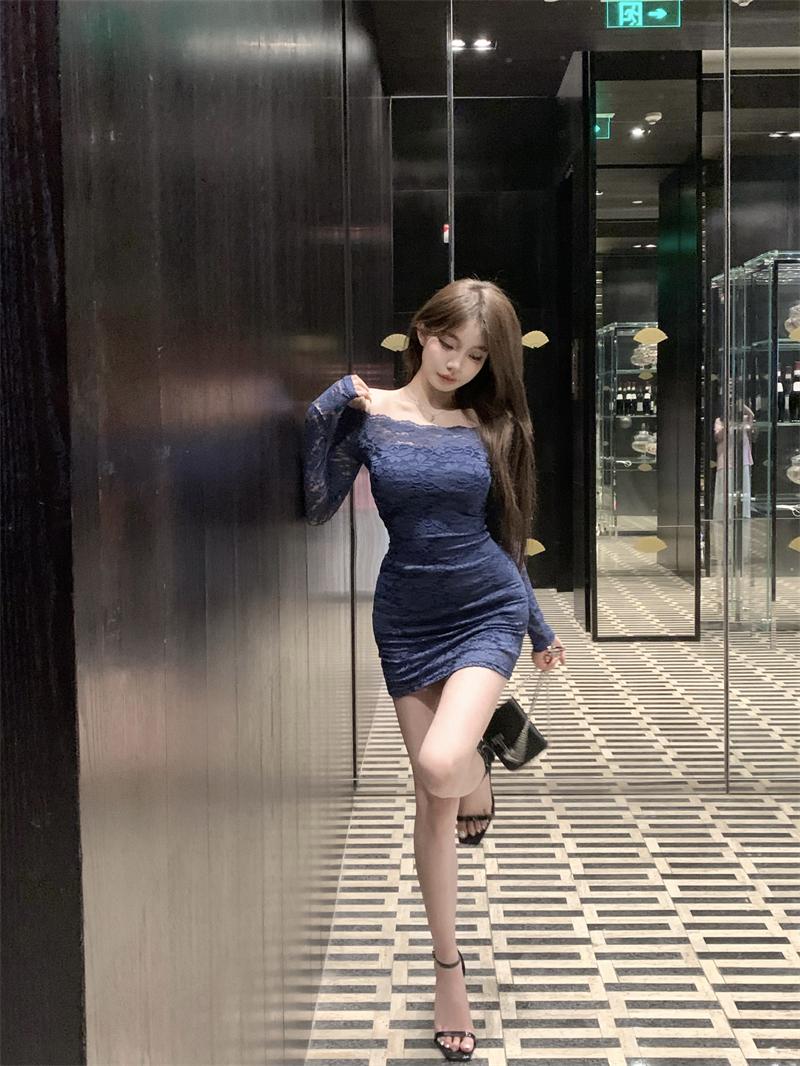 Lace hollow one-shoulder long-sleeved slim-fit hip skirt ED0431