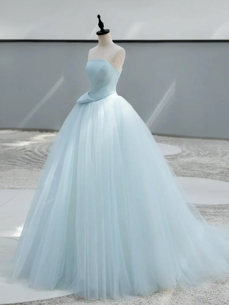 A-Line Satin Tulle Blue Long Prom Dress, Blue Long Formal Dress ED044