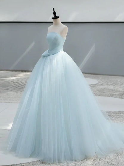 A-Line Satin Tulle Blue Long Prom Dress, Blue Long Formal Dress ED044
