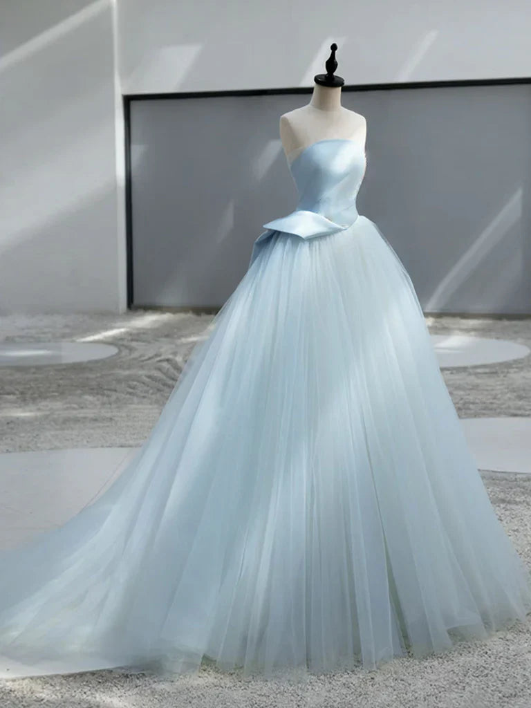 A-Line Satin Tulle Blue Long Prom Dress, Blue Long Formal Dress ED044