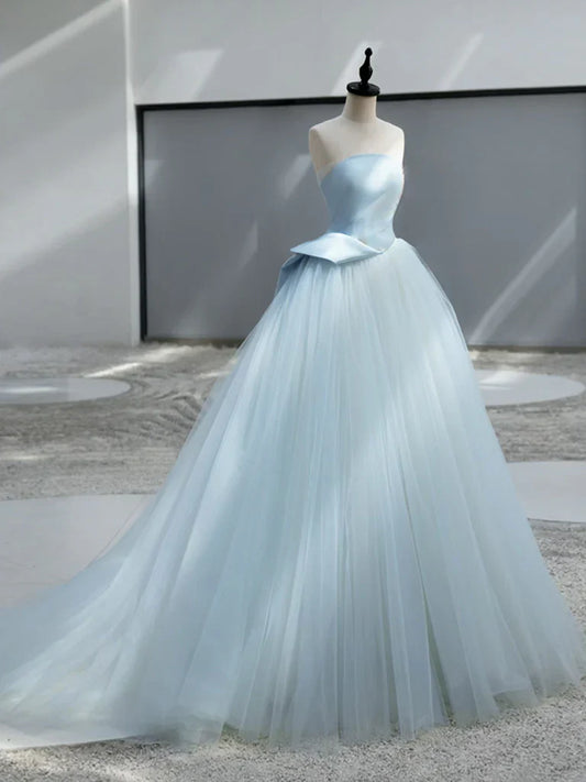 A-Line Satin Tulle Blue Long Prom Dress, Blue Long Formal Dress ED044