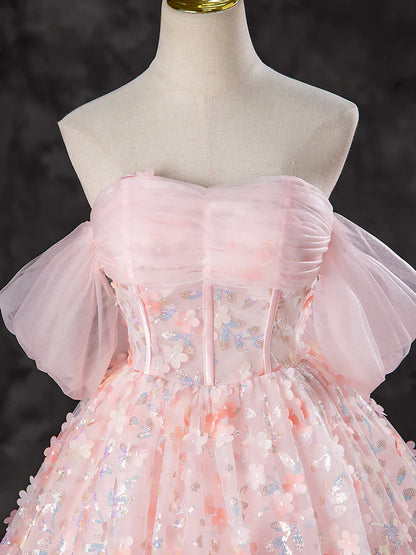 A-Line Off Shoulder Tulle Lace Pink Long Prom Dress, Pink Sweet 16 Dress ED045