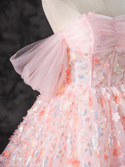 A-Line Off Shoulder Tulle Lace Pink Long Prom Dress, Pink Sweet 16 Dress ED045