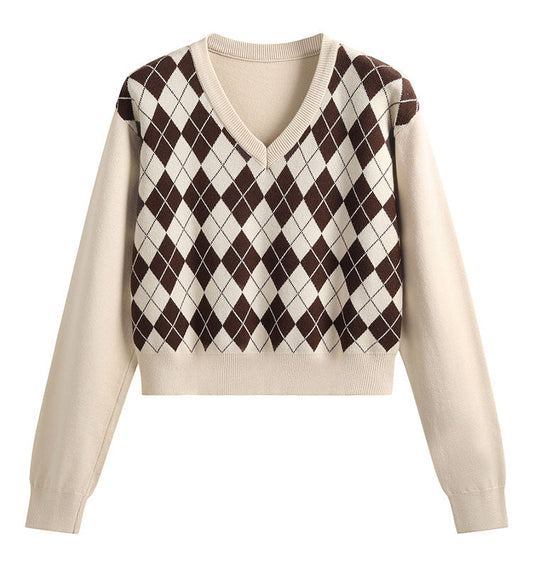 American retro diamond long-sleeved short sweater ED0452