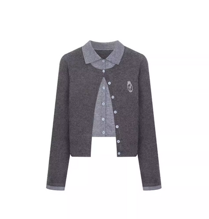 Fake two-piece college style POLO collar long-sleeved knitted cardigan  ED0453