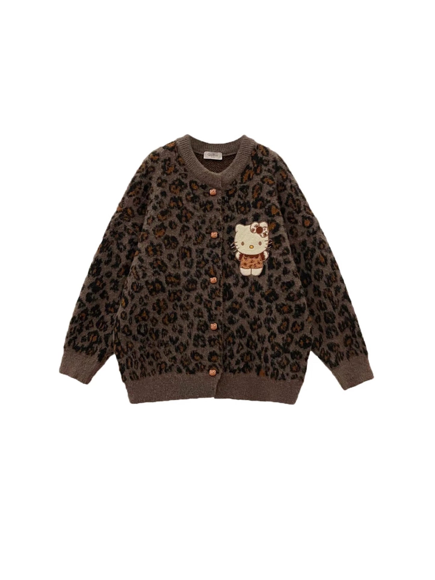 Leopard Print Embroidery Long Sleeve Thick Knitted Cardigan  ED0454