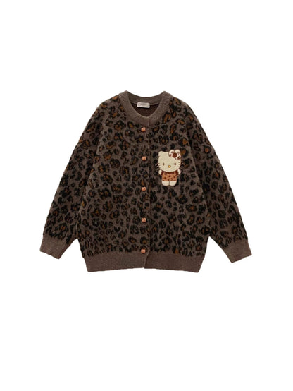 Leopard Print Embroidery Long Sleeve Thick Knitted Cardigan  ED0454