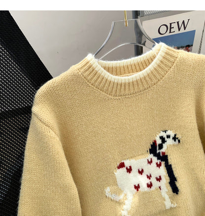 Korean style puppy embroidery round neck contrast color sweater  ED0455