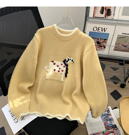 Korean style puppy embroidery round neck contrast color sweater  ED0455