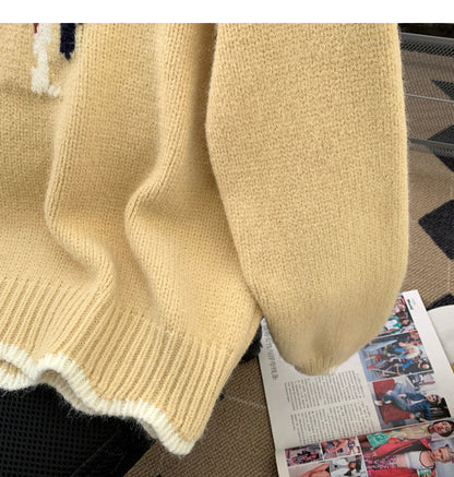 Korean style puppy embroidery round neck contrast color sweater  ED0455