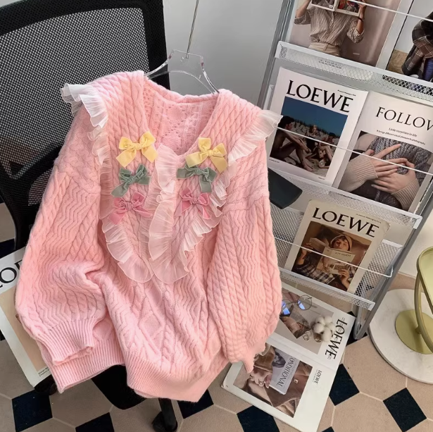 Sweet pink baby collar bow round neck pullover sweater ED0460