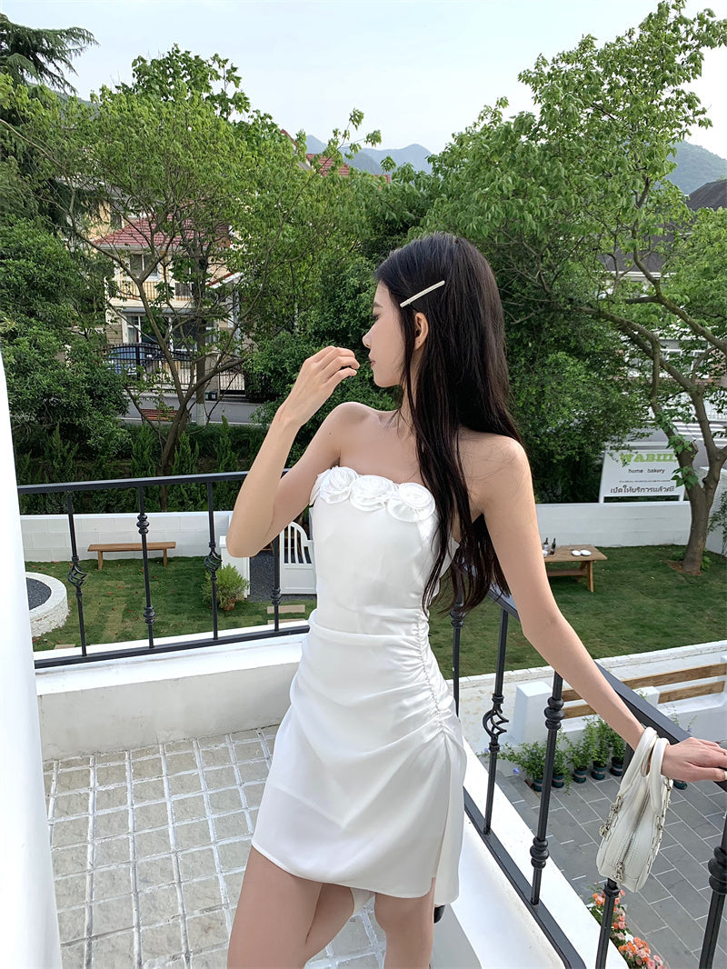 Three-dimensional flower tube top A-line slim dress ED0462