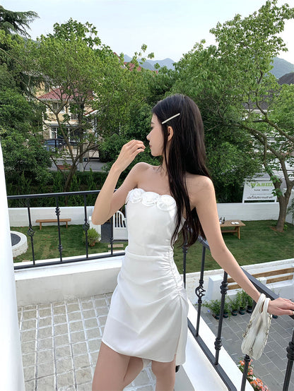 Three-dimensional flower tube top A-line slim dress ED0462