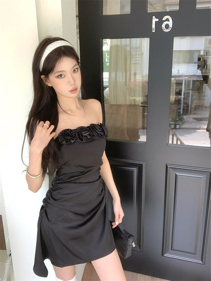 Three-dimensional flower tube top A-line slim dress ED0462