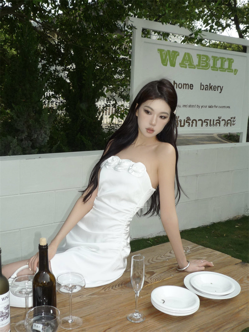 Three-dimensional flower tube top A-line slim dress ED0462