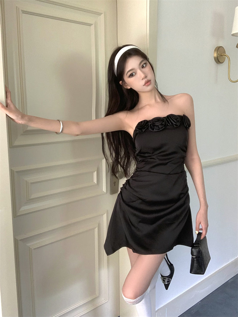 Three-dimensional flower tube top A-line slim dress ED0462