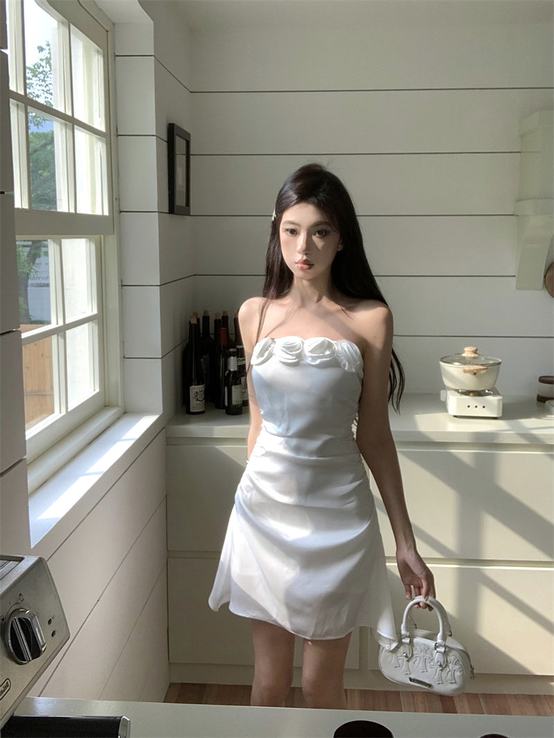 Three-dimensional flower tube top A-line slim dress ED0462