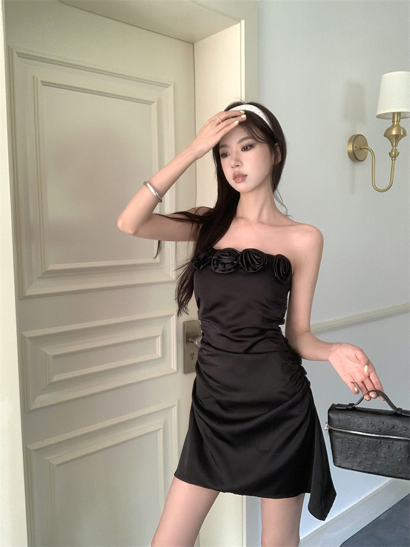 Three-dimensional flower tube top A-line slim dress ED0462