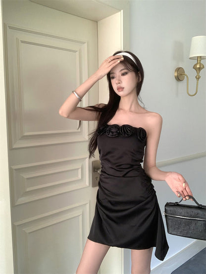 Three-dimensional flower tube top A-line slim dress ED0462