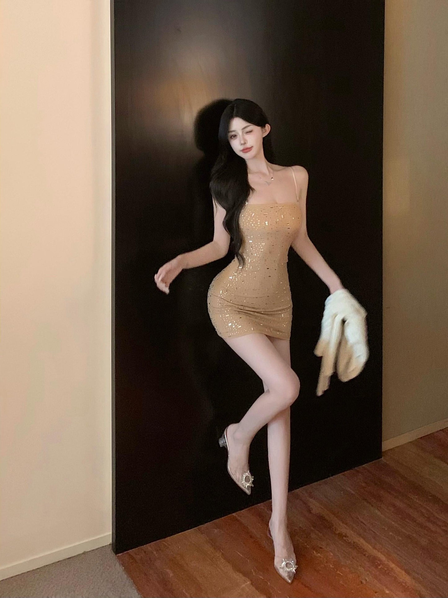 Heavy diamond sequined sexy suspender hip skirt ED0464