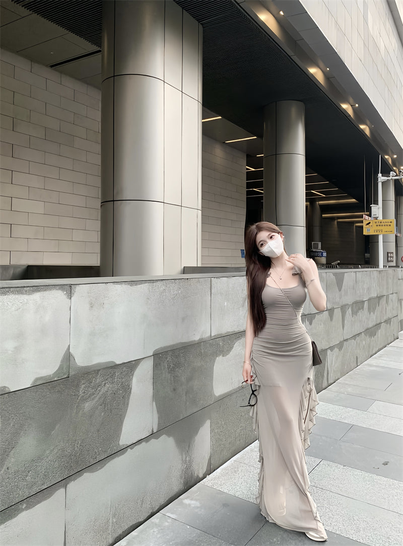 Slim Fit Flying Sleeve Irregular Hem Suspender Mesh Long Dress ED0465