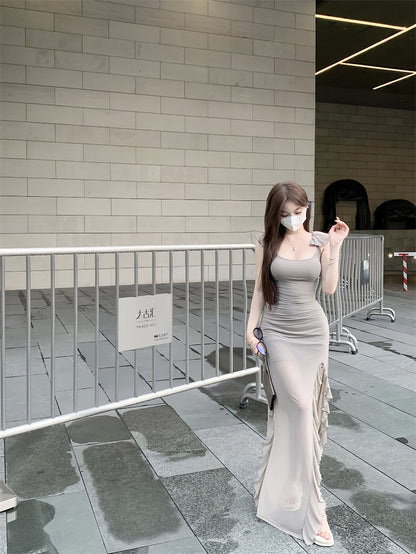 Slim Fit Flying Sleeve Irregular Hem Suspender Mesh Long Dress ED0465