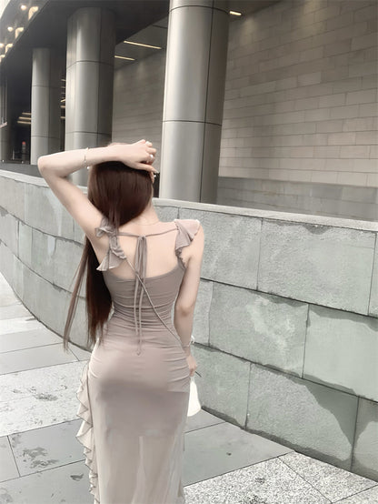 Slim Fit Flying Sleeve Irregular Hem Suspender Mesh Long Dress ED0465