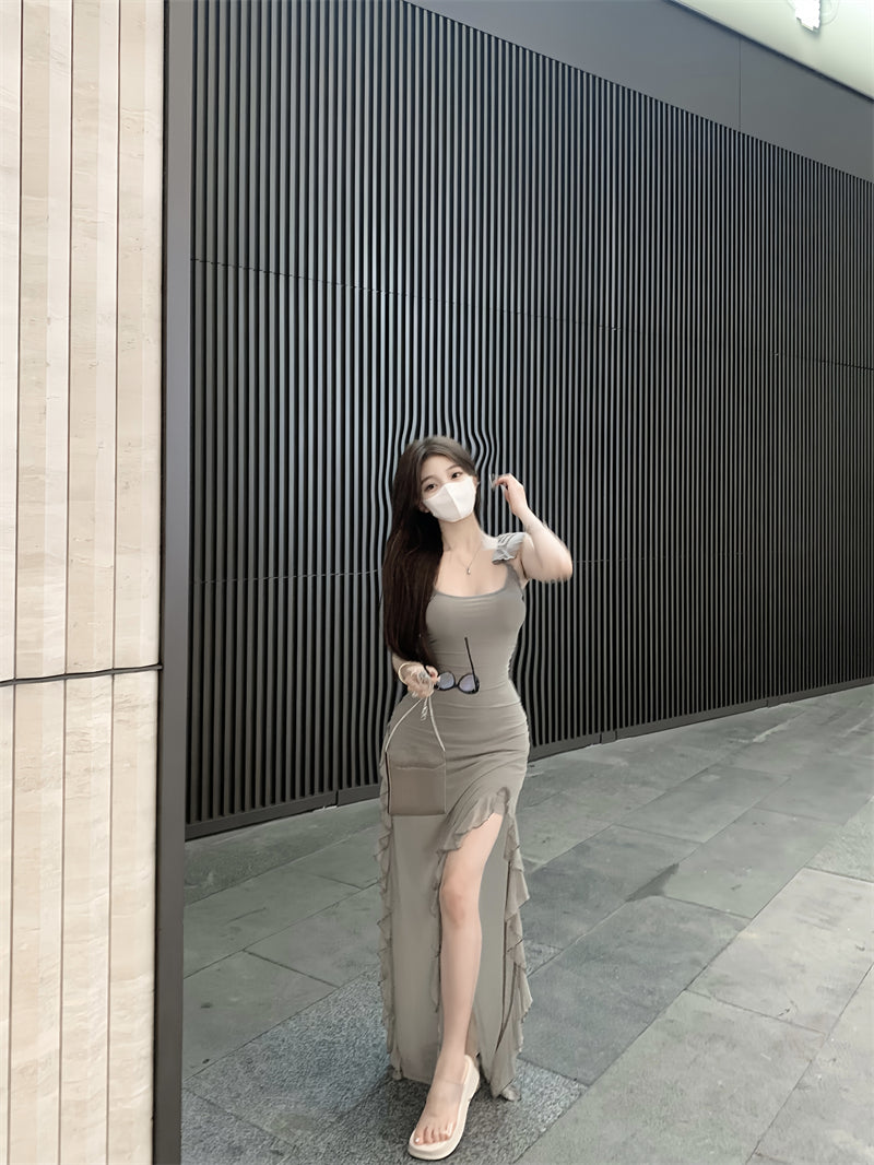 Slim Fit Flying Sleeve Irregular Hem Suspender Mesh Long Dress ED0465