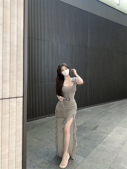 Slim Fit Flying Sleeve Irregular Hem Suspender Mesh Long Dress ED0465