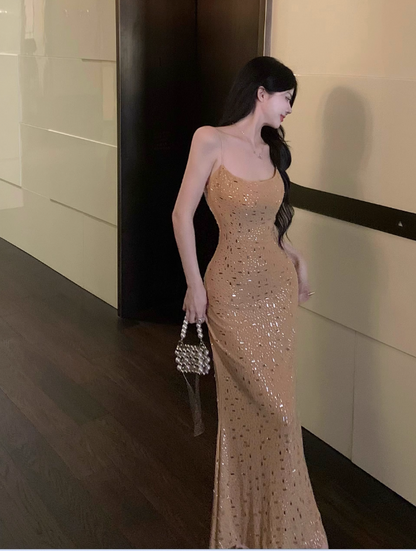 Heavy diamond sequin sexy suspender-covering long skirt ED0467