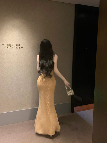 Heavy diamond sequin sexy suspender-covering long skirt ED0467