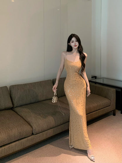 Heavy diamond sequin sexy suspender-covering long skirt ED0467