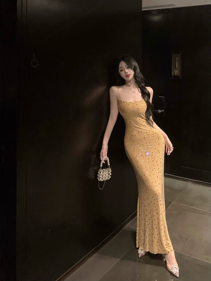 Heavy diamond sequin sexy suspender-covering long skirt ED0467