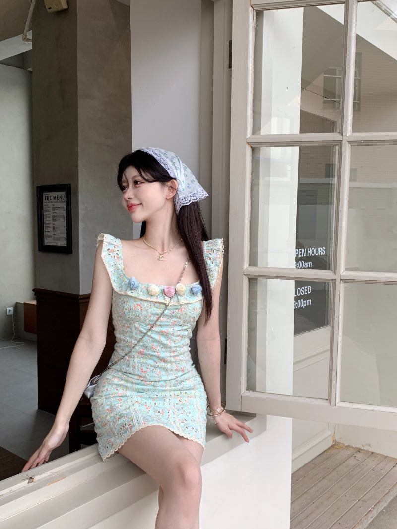 French tea break gentle floral small flying sleeve square neck dress ED0468