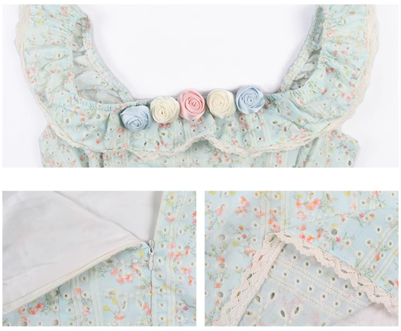 French tea break gentle floral small flying sleeve square neck dress ED0468