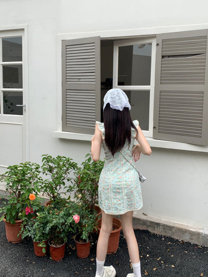 French tea break gentle floral small flying sleeve square neck dress ED0468