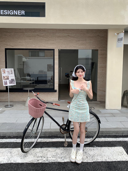 French tea break gentle floral small flying sleeve square neck dress ED0468