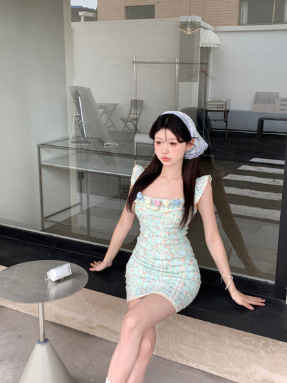 French tea break gentle floral small flying sleeve square neck dress ED0468