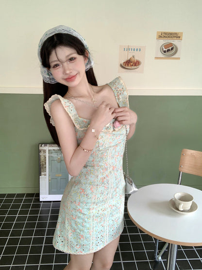 French tea break gentle floral small flying sleeve square neck dress ED0468