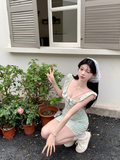 French tea break gentle floral small flying sleeve square neck dress ED0468