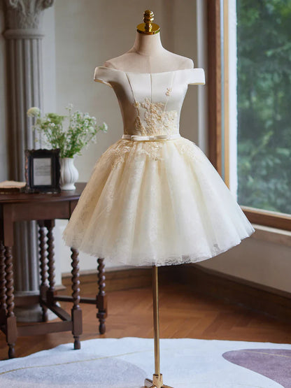 A-Line Off Shoulder Satin Lace Short Prom Dress, Champagne Homecoming Dress ED047