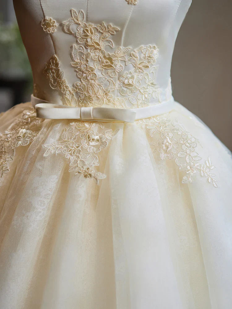A-Line Off Shoulder Satin Lace Short Prom Dress, Champagne Homecoming Dress ED047