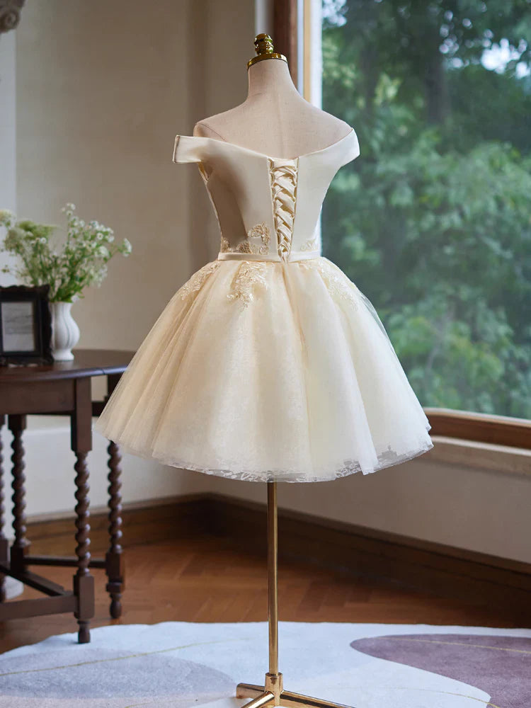 A-Line Off Shoulder Satin Lace Short Prom Dress, Champagne Homecoming Dress ED047
