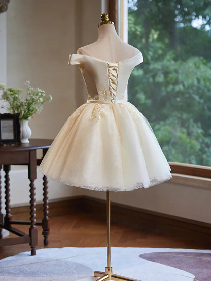 A-Line Off Shoulder Satin Lace Short Prom Dress, Champagne Homecoming Dress ED047