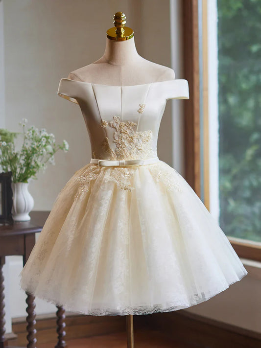 A-Line Off Shoulder Satin Lace Short Prom Dress, Champagne Homecoming Dress ED047