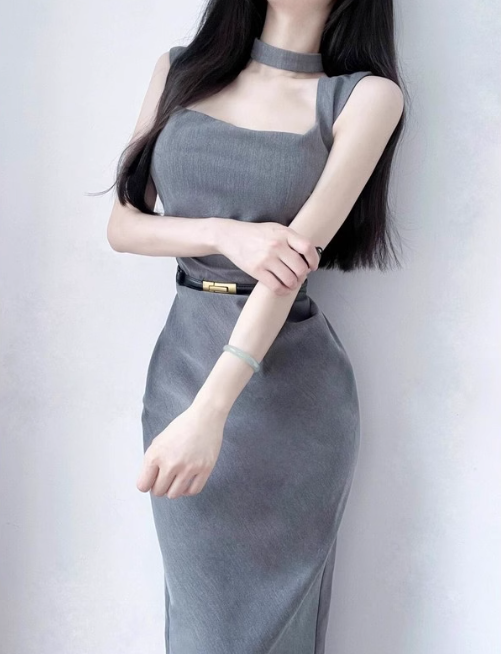 French style square neck grey dress ED0470