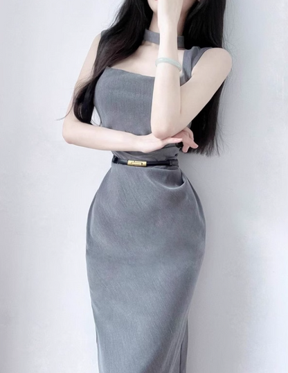 French style square neck grey dress ED0470