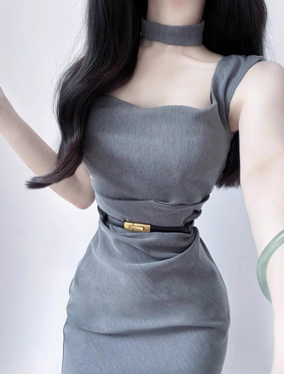 French style square neck grey dress ED0470